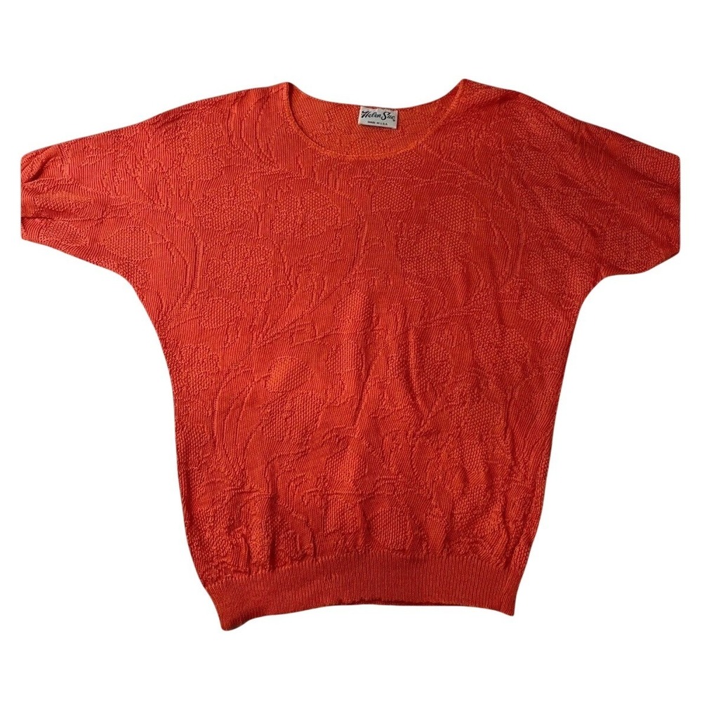 Helen Sue Vintage Knit Top Womens OS Coral Floral Batwing Short Sleeve 80s USA